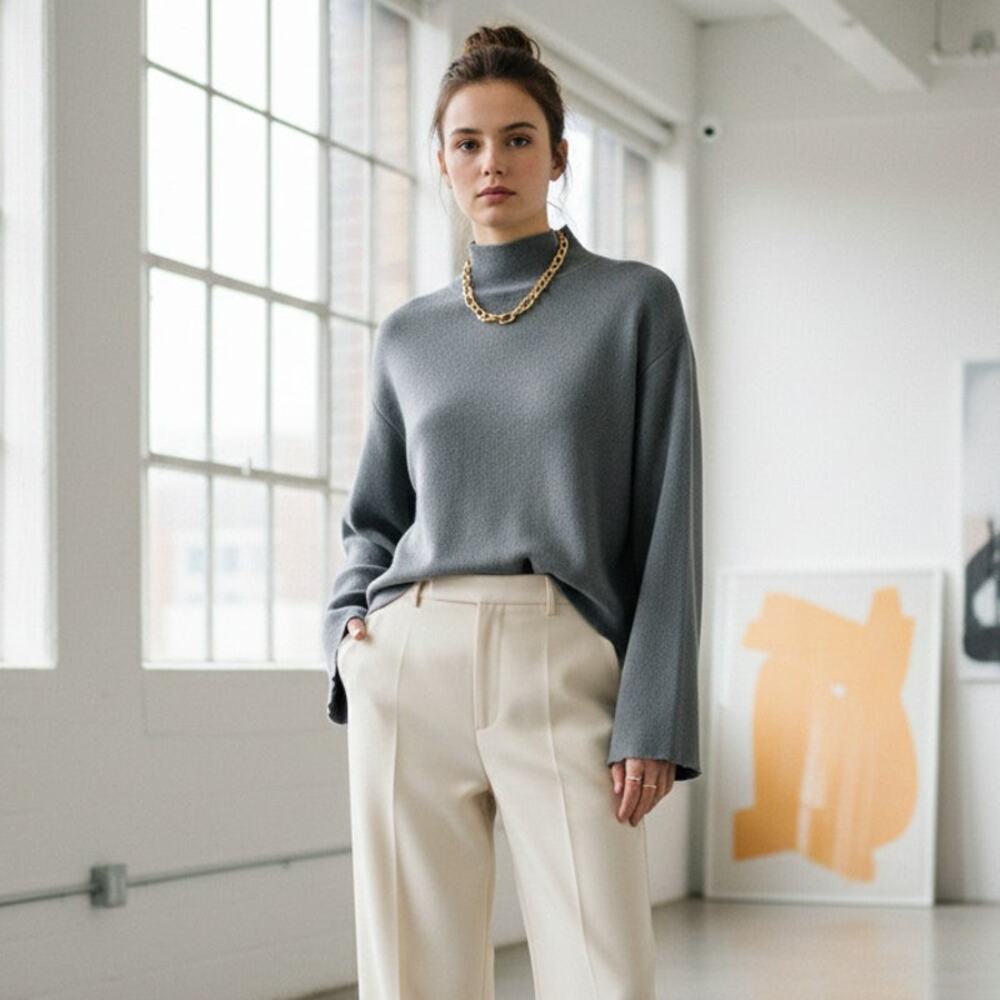 The Frankie Shop Mock Neck Sweater Gray Knit